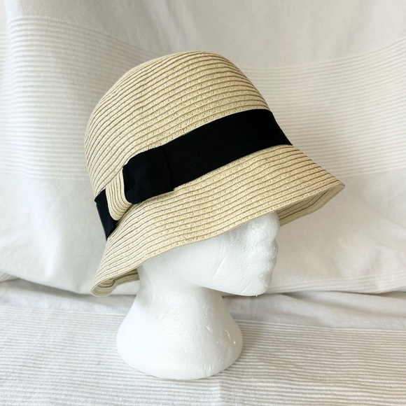 Paper Straw Cloche Hat With Black Ribbon Trim - Picture 3 of 13